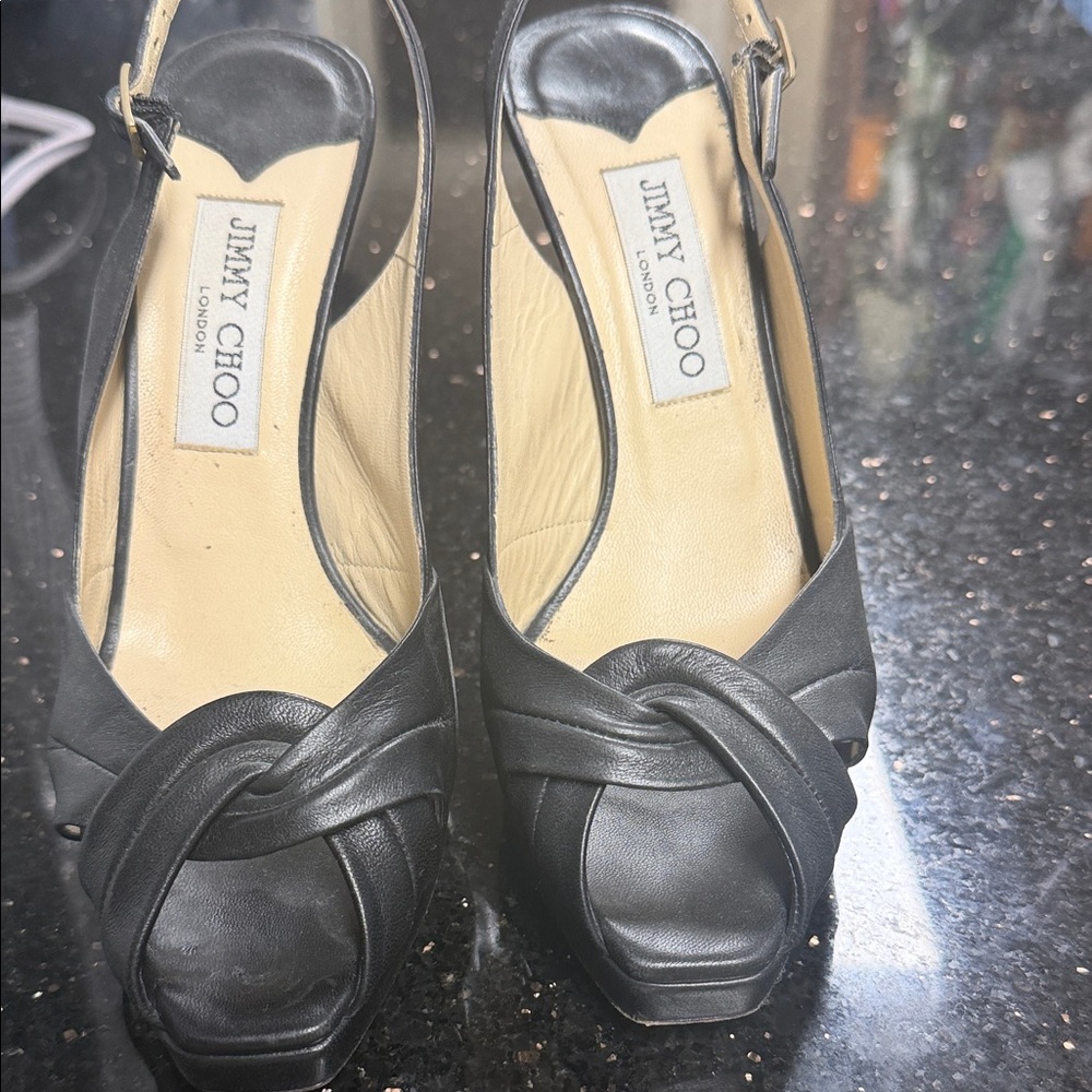 Jimmy Choo Black Leather Knot Peep-Toe Slingback Heels